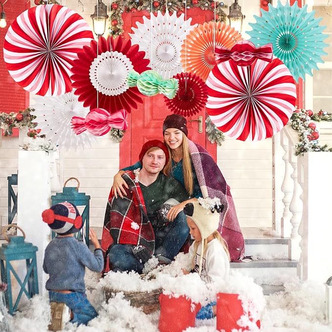 Christmas Hanging Paper Fans Decoration Christmas Peppermint Candy Hanging Ornaments Party Ceiling Hangings Deco Candy Tissue Paper Fans Backdrops Party Supply