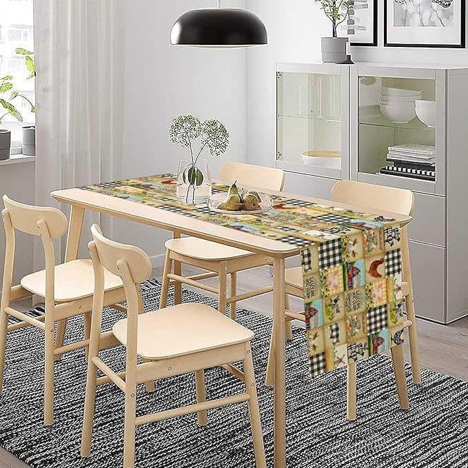 Farmhouse Animals Table Runner,Rustic Cabin Pig Chicken Cow Sunflowers Geometric Grids Burlap for Hotel Indoors Outdoor Dining Room Kitchen Holiday Party, 13x80in