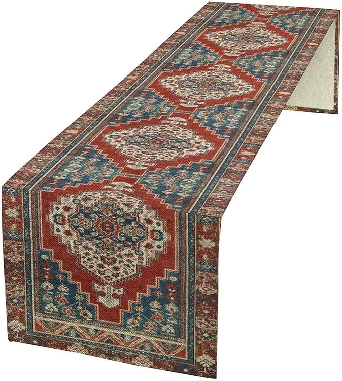 Boho Floral Vintage Table Runner, Red Blue Retro Flower Rustic Country Farmhouse Pattern for Home Kitchen Table Decor Dining Coffee Room Party Decor 13x120in