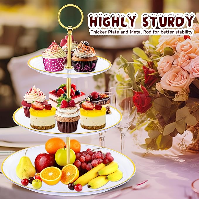 PinCute Cupcake Stand Holder - 3 Tier Cup Cake Dessert Stands, Plastic Tiered Serving Tray&Metal Rod for Birthday Party, Wedding, Tea Party, Baby Shower-Transparent