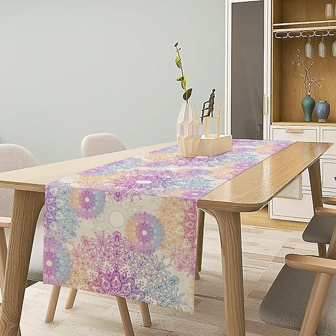 Oriental Mandala Table Runner, Traditional Bohemian Gradiently Purple Pink Blue Mandala Flower Table Runner for Farmhouse Cottage Kitchen Dining Table Decor, 13x108inch