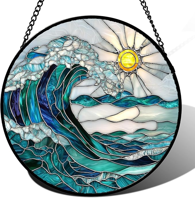 Stained Glass Window Hanging - Blue Green Waves Suncatcher for Door Terrace Garden Home Decor Sunrise Over The Sea Sun Catcher Birthday Gifts for Lovers Women Men Dad Mom Nana 6.3 in