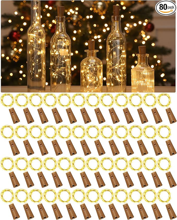 Hortsun 80 Pack Wine Bottle Lights with Cork Fairy Mini String Lights Battery Operated Mini Waterproof 7 ft Silver Wire 20 Led Cork Shape for Christmas, DIY, Party, Decor, Wedding, Bar(Warm White)
