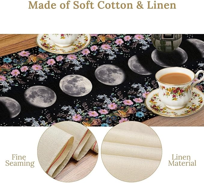 Boho Floral Moon Table Runner, Spring Flower Leaves Mystical Gothic Sun Moon Table Runner for Kitchen Dining Table Home Party,13x108 Inch Purple