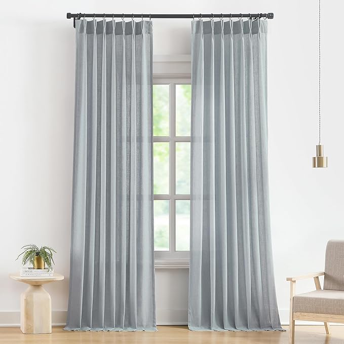 Vision Home Blue Fog Pinch Pleated Semi Sheer Curtains Textured Linen Blended Light Filtering Window Curtains 102 inch for Living Room Bedroom Pinch Pleat Drapes with Hooks 2 Panels 40" Wx102 L