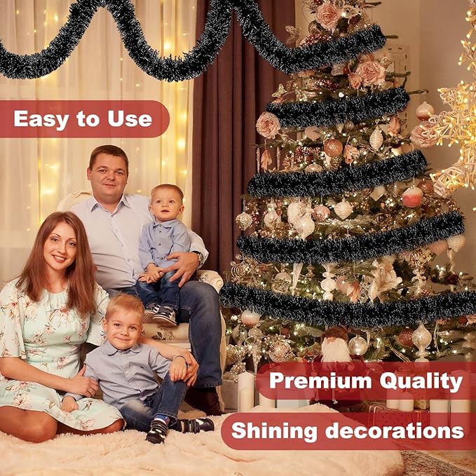 25 Feet Black Christmas Tinsel Garland, Metallic Foil Twist Banner Wall Hanging Tinsel Streamers Backdrop for Parade Floats, Christmas, Mother's Day, Birthday Party Decorations(4in x 25ft)