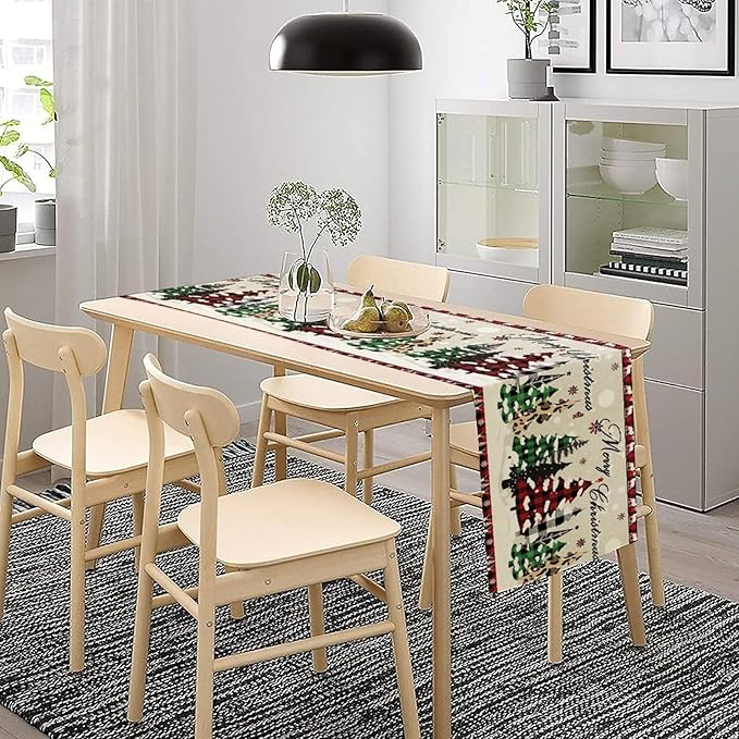 Christmas Tree Table Runner,Farmhouse Xmas Trees Buffalo Plaid Winter Snowflake Tablecloth Burlap for Hotel Indoors Outdoor Dining Room Kitchen Home Decor,W13X L36 in