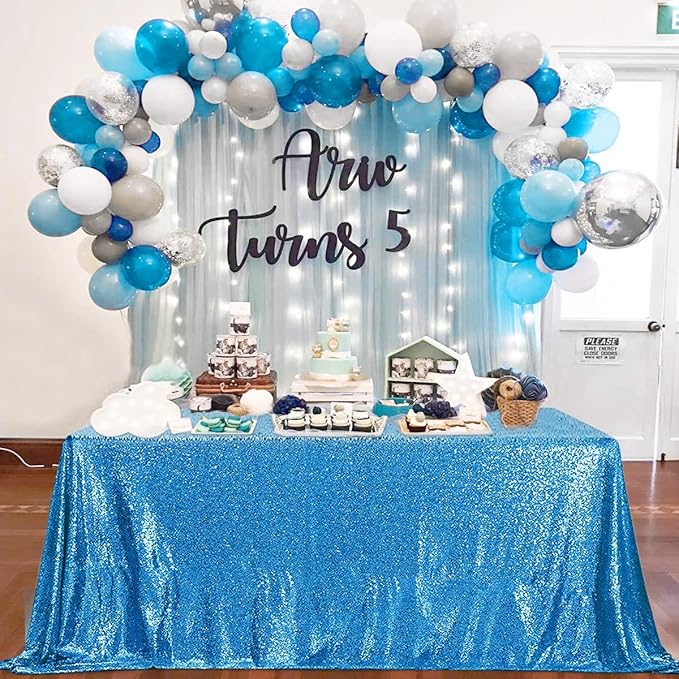 QueenDream Aqua Blue Tablecloth 90 x 156 Inch Sequin Tablecloth for Party Decorations Glitter Tablecloth for Bridal Baby Shower Wedding