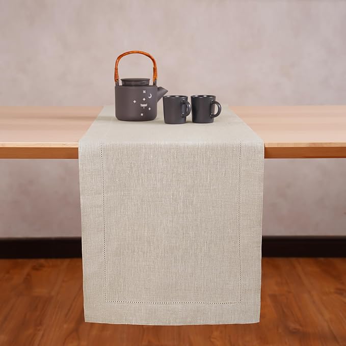 Linen Light Natural Table Runner 48 Inches - 100% Pure Linen Cloth Fabric Hemstitch Table Runner 14 x 48 Inch for Dining, Dresser, Thanksgiving, Fall Christmas - Lino