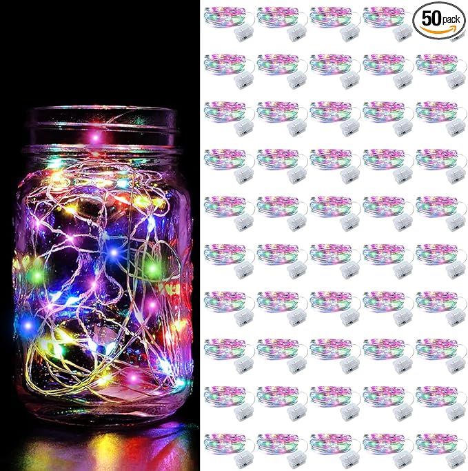 Aogist 50 Pack Fairy Lights 3 Modes 7ft 20 LED Waterproof,Battery Operated Silver Wire Firefly Starry Moon Mini String Lights for Mason Jars Christmas DIY Crafts Wedding Party Bedroom,Multicolor