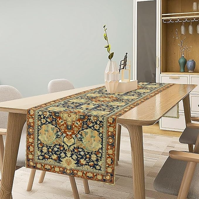 Vintage Boho Floral Table Runner, Elegant Luxurious Rustic Country Farmhouse Navy Blue Gold Retro Flower Pattern for Home Kitchen Table Decor Dining Coffee Room Party Decor 13x36in