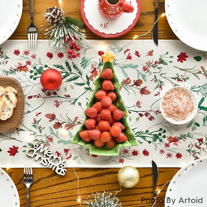 Artoid Mode Floral Leaves Christmas Table Runner, Wild Flowers and Grasses Winter Kitchen Dining Table Decoration for Home Party Decor 13x90 Inch
