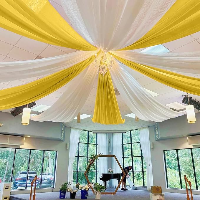 MODFUNS Gold Ceiling Draping Fabric Sheer Ceiling Drapes for Weddings 5x20ft 6 Panels Chiffon Arch Drapery Tent Ceiling Drape Vintage Tulle Curtain Backdrop for Ceremony Party Event Supplies