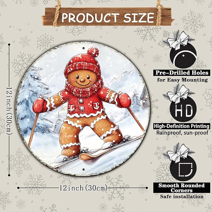 Round Gingerbread Man Ski Vintage Metal Sign Skiing Sign, Office Sign Home Décor Ski Lodge Décor Cabin Tin Sign 12 * 12 in