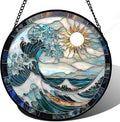 Stained Glass Window Hanging - White Sun Big Wave Suncatcher for Door Terrace Garden Home Decor Blue Ocean Landscape Sun Catcher Birthday Gifts for Lovers Women Men Dad Mom Nana9.8 in