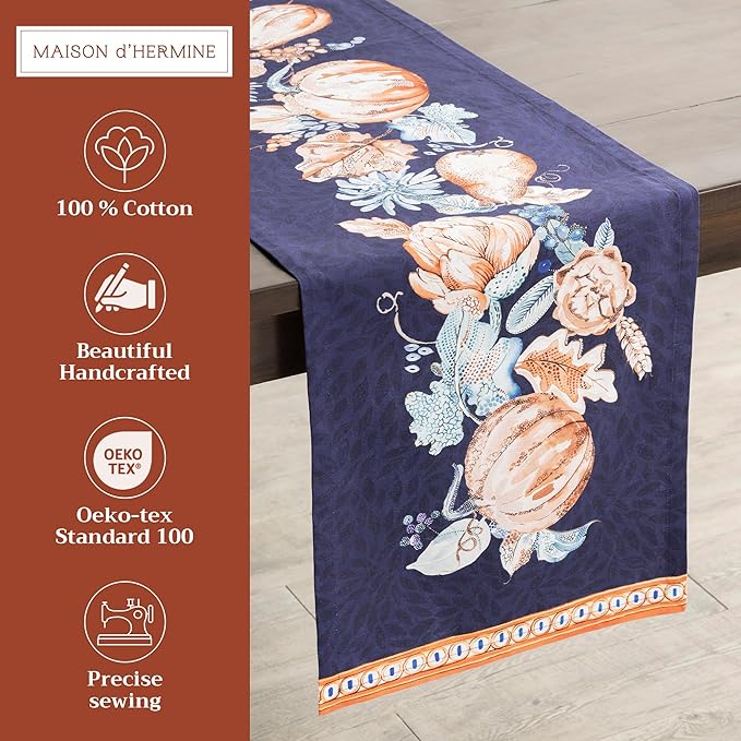 Maison d' Hermine Table Runner 100% Cotton Single Layer Table Runners 108 inches Long for Thanksgiving Christmas Decorations Home Kitchen Dining Party Wedding (Pumpkin Blues, 14.5" x 108")