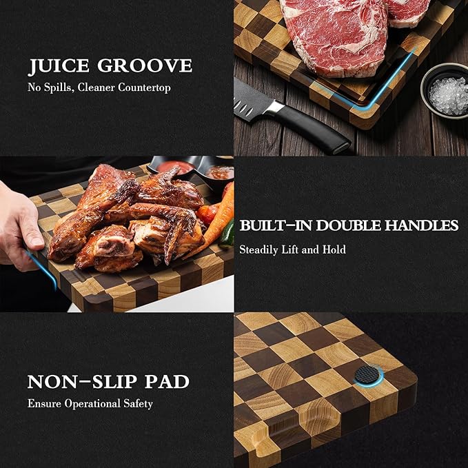 Checkered Cutting Boards for Kitchen, Wood Cutting Board Sets, Walnut Rubber & Wooden Chopping Boards with Anti-Slip Base and Guide Groove, Chessboard Carving Used for Cutting Vegetables Fruits & Meat