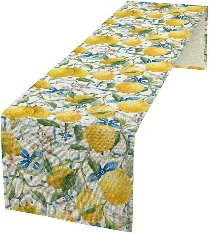 Lemon Table Runner,Watercolor Fruit Green Leaves Spring Summer Table Cloth Kitchen Dining Table Home Party Decoration 13x60 Inch