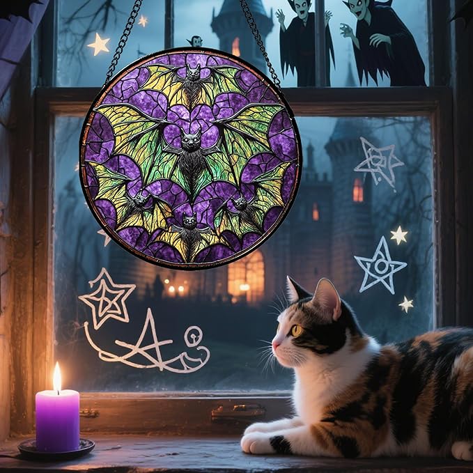 Stained Glass Window Hanging - Halloween Decorations Bats Suncatcher for Doors Garden Indoor Spooky Funny Purple Sun Catchers Gothic Decor Horror Gifts for Women Men Friend 11.8 in