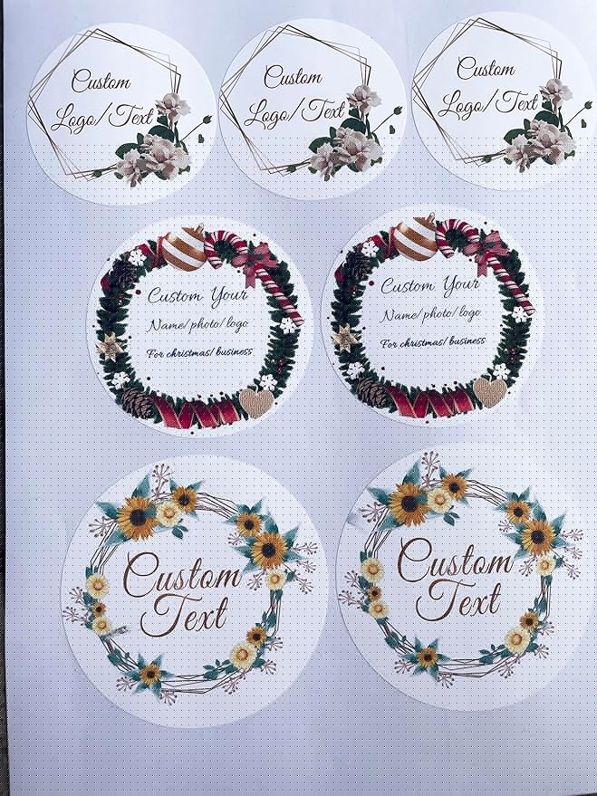 Personalized Custom Stickers Labels for Wedding Favors Birthday, Business Logo Customized Sticker.Waterproof, Fade & Heat Resistant and Cold Resistant. Pack of 100 to 1000. (Wreath 3, 6.5 Inch)