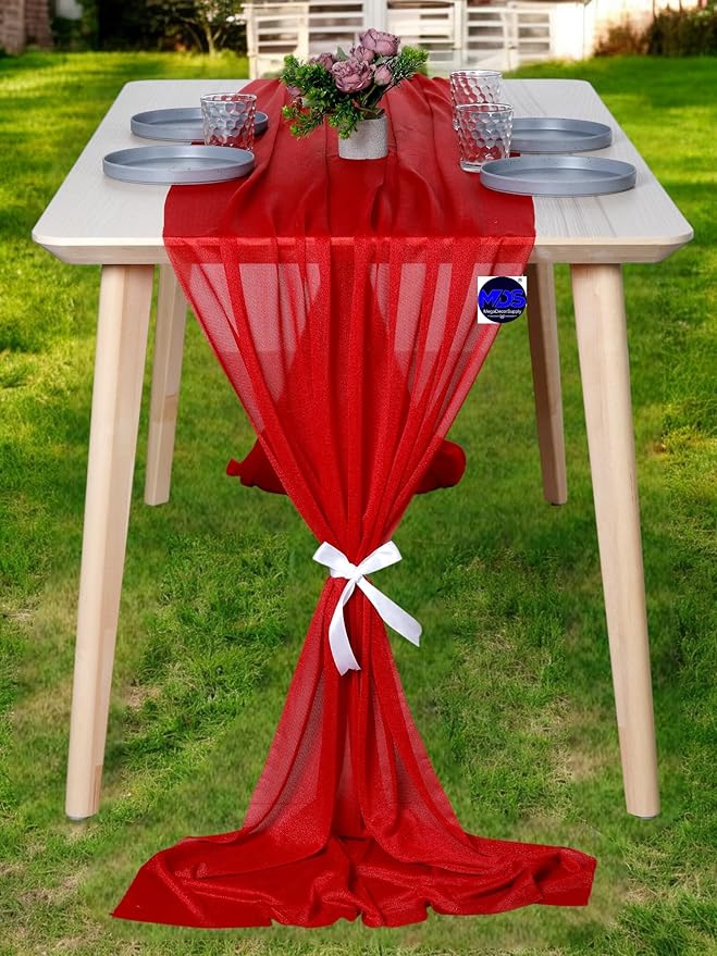 MDS Halloween Chiffon Table Runner - 5 Pack, 29 x 120 Inches, 10ft Each - Sheer Spooky Table Runners for Haunted House Parties, Trick-or-Treat Tables, Witchy Décor, Wedding & Events - Red