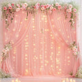 Wish Care 10ft x 10ft Baby Pink Chiffon Backdrop Curtain with Lights String for Parites Wedding Wrinkle Free Curtain Photo Backdrops Drapes for Baby Shower Birthday Party Home Decorations