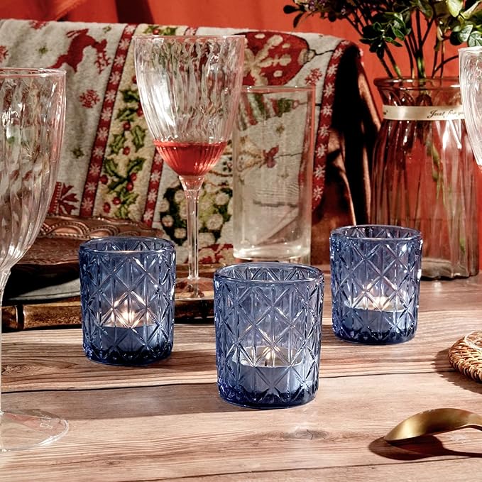 24pcs Blue Votive Candle Holders, Glass Votives Candle Holder in Bulk for Table Centerpieces, Tea Lights Candle Holder for Wedding Party Holiday Decor (Blue,24)