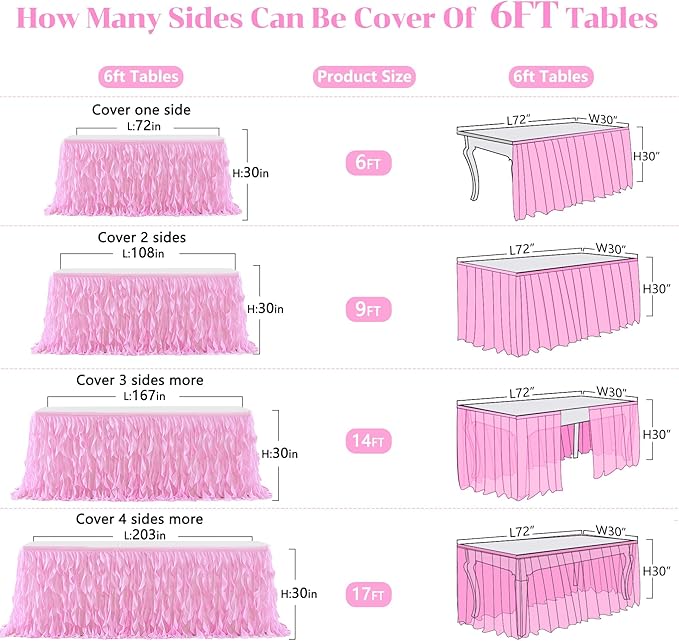Partisky Pink Tulle Curly Willow Table Skirt for Rectangle Table 9ft, Ruffle Tutu Table Cloth for Girls Baby Shower,Birthday Party Candy Cake Tables