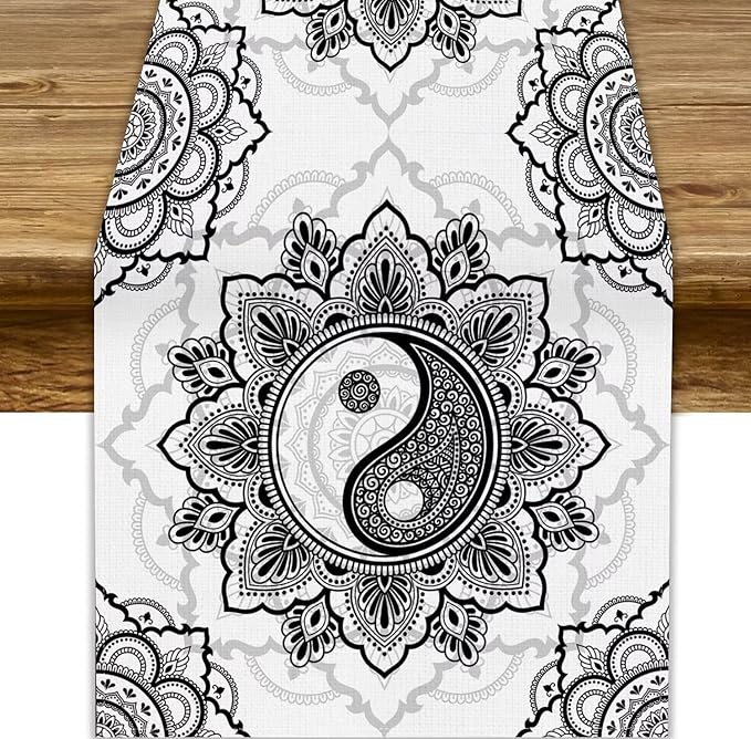 Yin Yang Table Runner, Bohemian Mandala Vintage Black White Traditional Oriental Floral Print Table Runner for Home Kitchen Dining Table Wedding Party Decor, 13x108inch