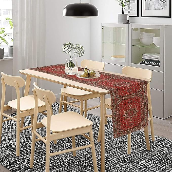 Vintage Boho Floral Table Runner, Rustic Country Farmhouse Red Black Retro Flower Pattern for Home Kitchen Table Decor Dining Coffee Room Party Decor 13x72in