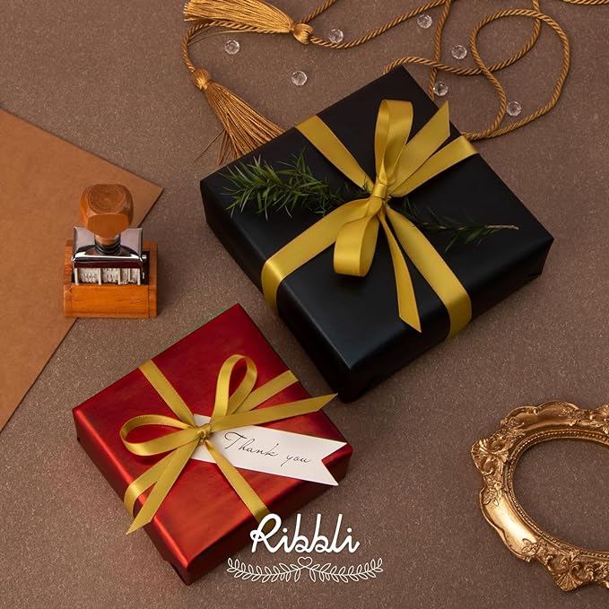 Ribbli Gold Satin Ribbon Double Faced Satin 1/4 Inch x Continuous 100 Yards-Gold Ribbon for Gift Wrapping Crafts Wedding Decoration Bows Bouquet Floral Arrangement
