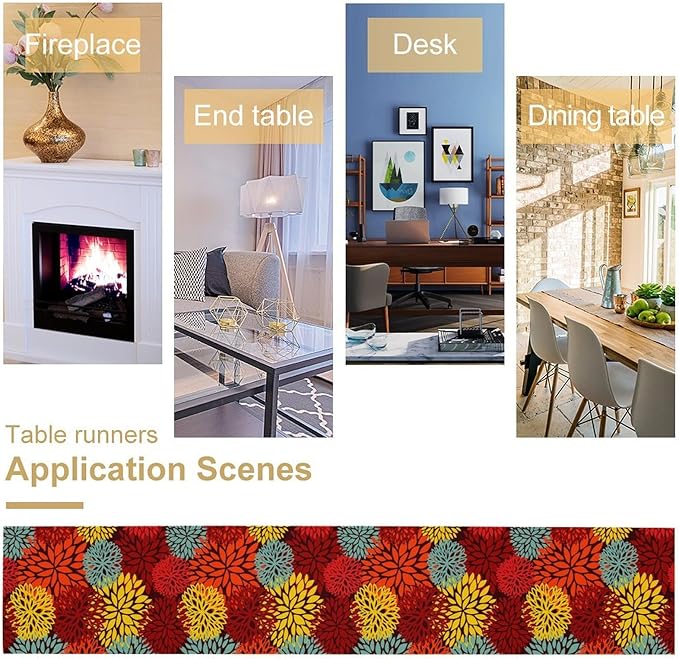 Red Yellow Dahlia Table Runner, Seasonal Autumn Thanksgiving Pattern Print for Home Kitchen Table Decor Dining Coffee Room Party Decor 13x70 Inch