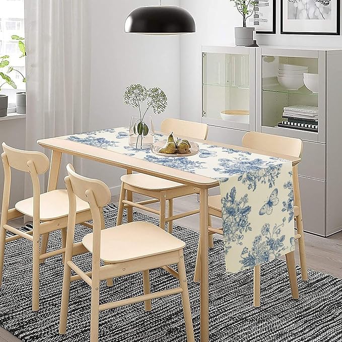 Monochrome Sketch Flowers Table Runner, Seasonal Spring Fall Plants Blue Florals Butterfly Dinner Runner for Home Kitchen Dining Table Party Holiday Decoration 13"x120"