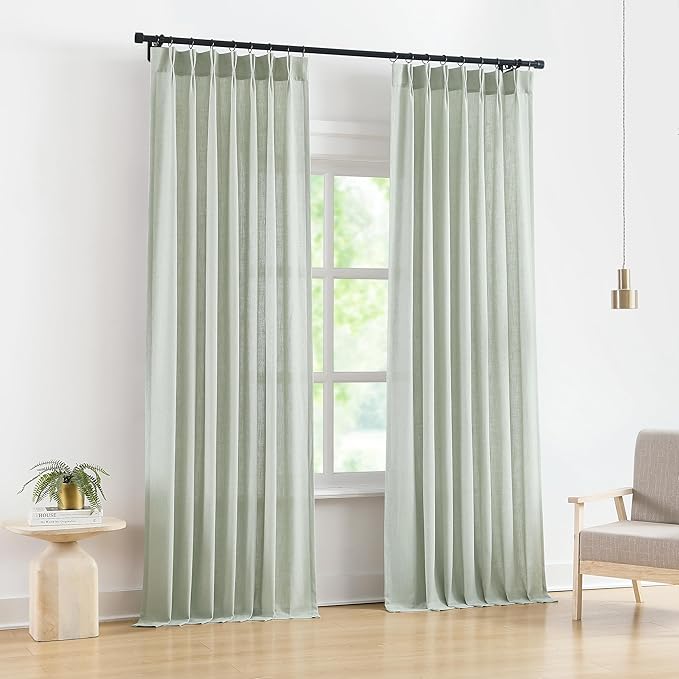 Vision Home Soft Green Pinch Pleated Semi Sheer Curtains Textured Linen Blended Light Filtering Window Curtains 108 inch for Living Room Bedroom Pinch Pleat Drapes with Hooks 2 Panels 9ft 40" Wx108 L