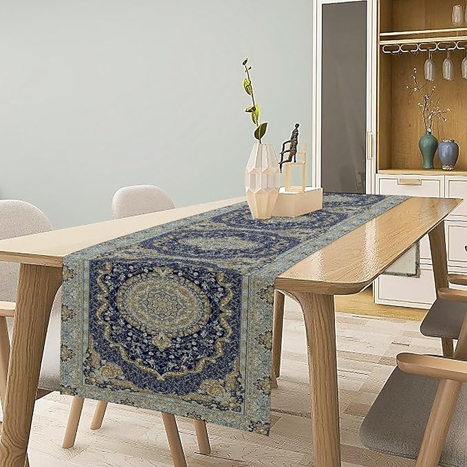 Boho Bohemia Style Blue Teal Table Runner, Country Rustic Farmhouse Magical Abstract Print Pattern for Home Kitchen Table Decor Dining Coffee Room Garden Party Decor 13x72in