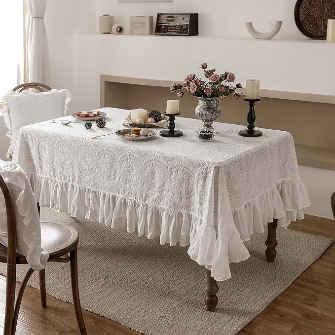 patdrea Vintage Ruffle Tablecloth for Square Tables,Farmhouse Embroidered Cotton White Lace Table Cloth Cover Decor for Dining Room Wedding Banquet Thanksgiving Christmas,51"*51"