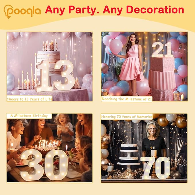 Pooqla Decorative LED Light Up Number Letters, White Plastic Marquee Lights Sign Party Wedding Decor, Battery Operated (8)