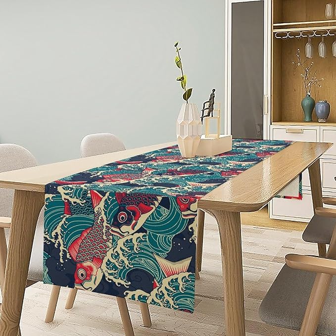 Kio Fish Table Runner Waves Japanese Tradition Art Printed Burlap Runner Home Kitchen Dining Table Living Room Decor Fabric 1 Panel W13xL120in