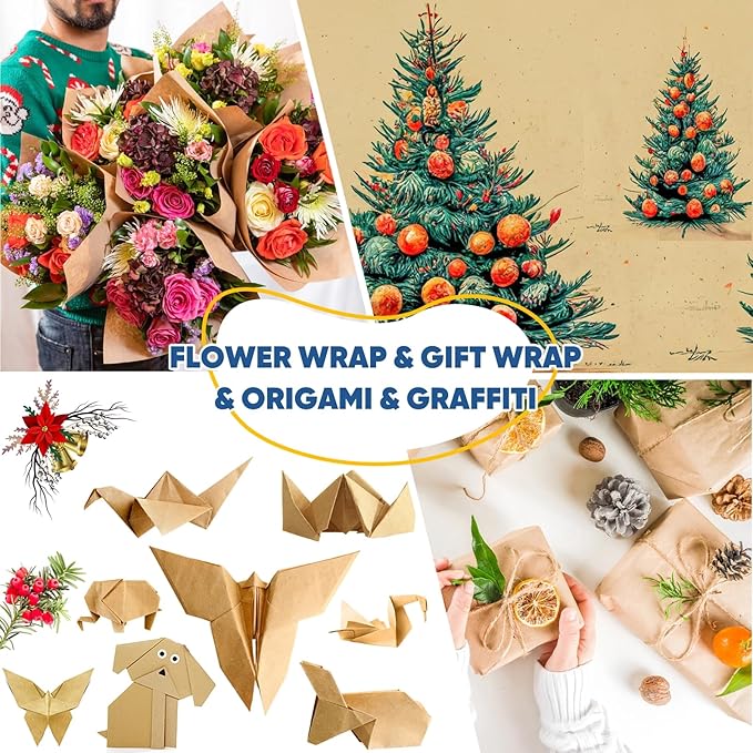 Brown Wrapping Paper, Kraft Paper Roll, Craft Decorative Paper 15" x 450", Packing Paper for Moving Shipping Supplies, Poster Bulletin Board Paper Roll, Father Day Bouquet Flower Arts Crafts Gift Wrap