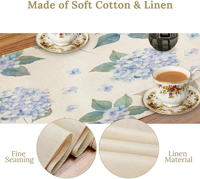 Spring Hydrangea Flower Table Runner, Seasonal Summer Plants Watercolor Blue Florals Dinner Runner for Home Kitchen Dining Table Party Holiday Decoration 13"x36"
