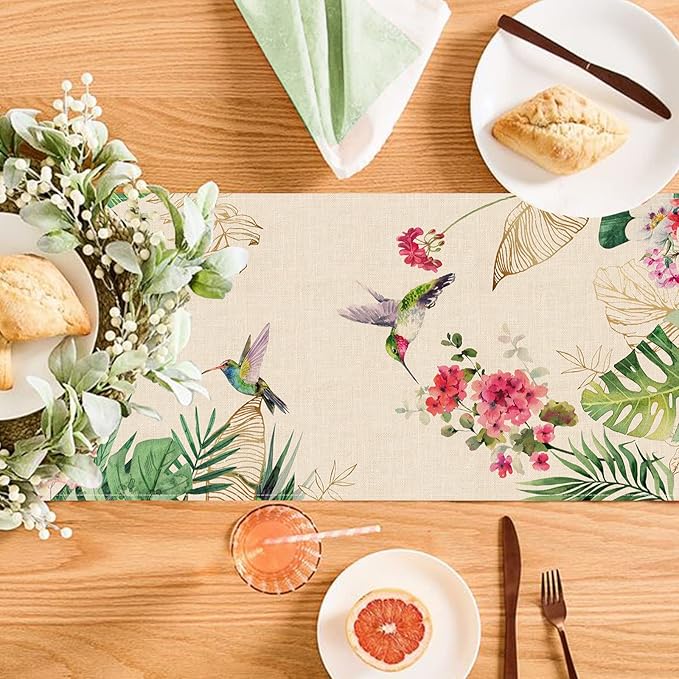 Seliem Summer Tropical Hummingbird Palm Leaf Greenery Table Runner, Spring Birds Home Kitchen Monstera Geranium Flowers Dining Decor, Seasonal Burlap Decorations Anniversary Party Supply 13 x 90 Inch