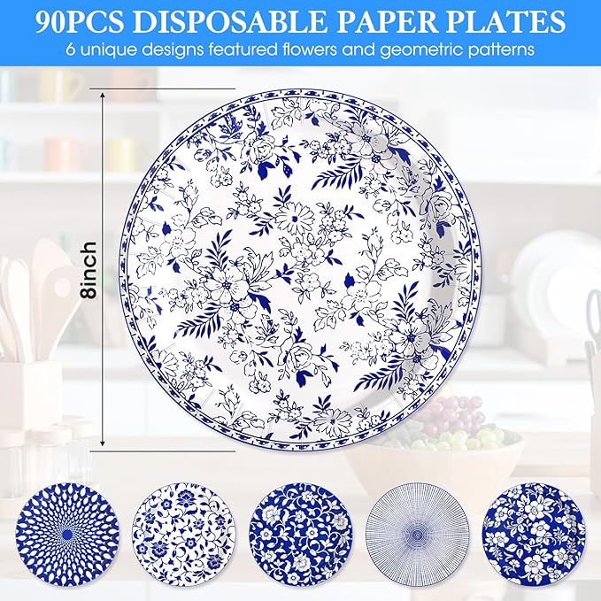 90 Pcs Paper Plates 8 Inch Bulk Thick Heavy Duty Disposable Plates Printed Blue and White Plate for Party, Wedding, Birthday, Tea, Picnic Barbecue, Everyday Use, Soak Proof, Cut Proof