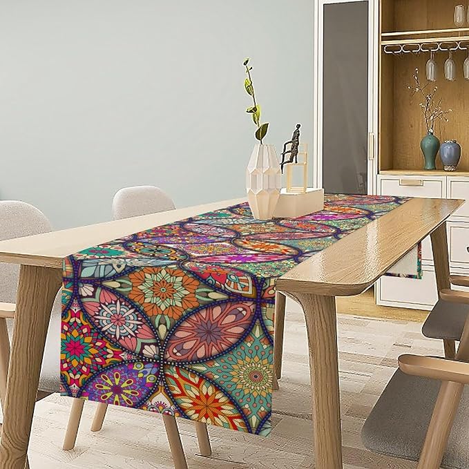 Boho Floral Table Runner,Colorful Flower Retro Bohemian Table Cloth Kitchen Dining Table Home Party Decoration 13x90 Inch