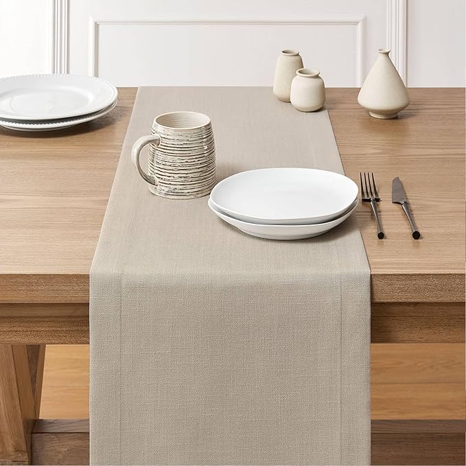 ZeeMart Linen Textured Border Table Runner, 14 x 108 Inch Natural, Farmhouse Style Neutral Table Runners 108 Inches Long, Easy Care Everyday Polyester Table Runner