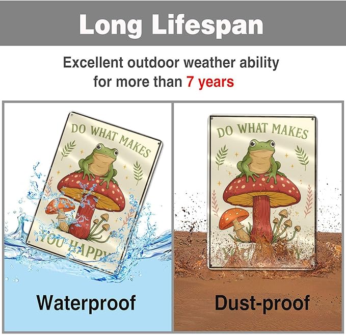 Funny Frog on Mushroom Metal Sign - Cute Cottagecore Forest Wall Decor for Bathroom, Kitchen, Bedroom or Patio - Whimsical 12" x 8" Tin Sign