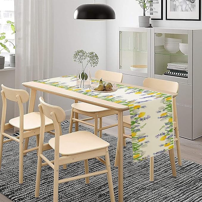 Floral Tulip Lavender Table Runner, Spring Watercolor Flower Plants Nature Butterfly Table Runner for Kitchen Dinner Living Room Home Party, 13x90 Inch