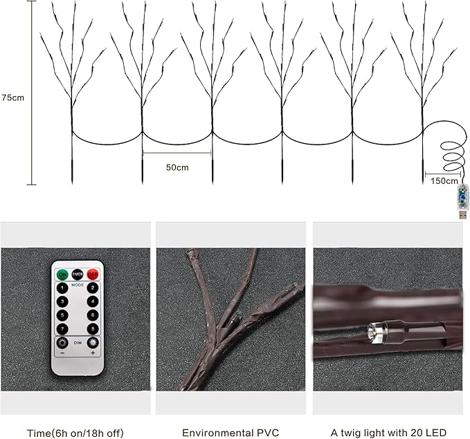 MENCH Branch Lights,6 Pcs Twig Light USB&Battery Powered 8 Flashing Modes by Remote Control.Branch Lights for Indoor, Light Up Decorations for Halloween Day and Christmas,Red