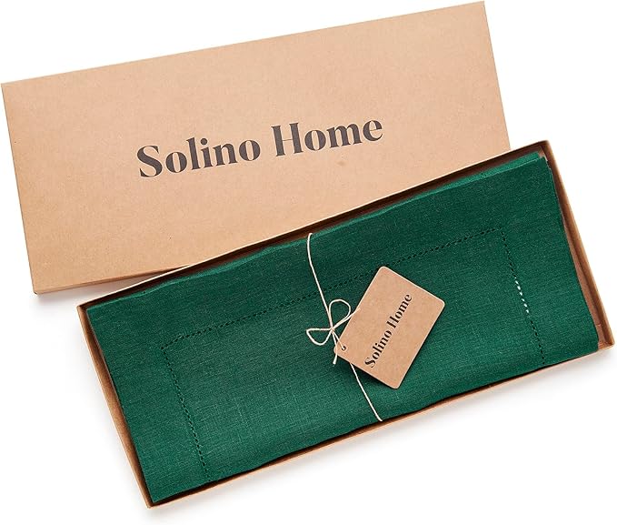 Solino Home Linen Rainforest Green Table Runner 144 Inches Long - 100% Pure Linen Extra Long Table Runner 14 x 144 Inch for Fall, Autumn, Thanksgiving - Classic Hemstitch