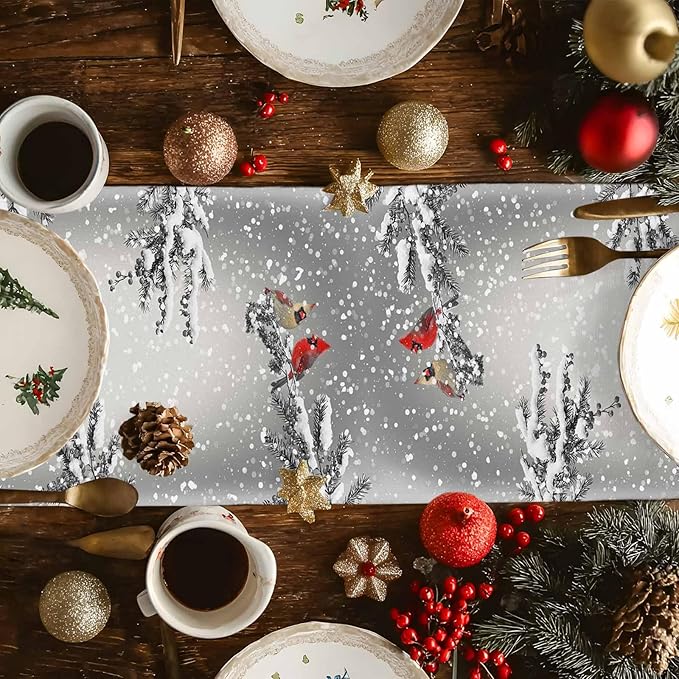 Christmas Snowman Cotton Linen Table Runner for Dining Kitchen, Snowflakes Xmas Pine Tree Wedding Outdoor Party Tablerunner Decoration Winter Bird Dresser Scarf Coffee Tablecloth Runners 13x36 Inches