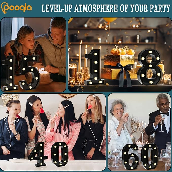 Pooqla Decorative Led Light Up Number Letters, Black Plastic Marquee Number Lights Sign for 75th Birthday Party Wedding Decor Battery Operated Black Decoration 75